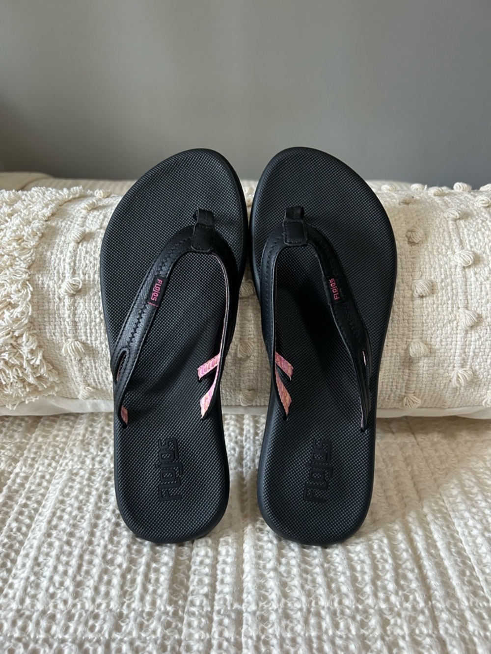 Flojos Black Flip Flops with Pink Accent